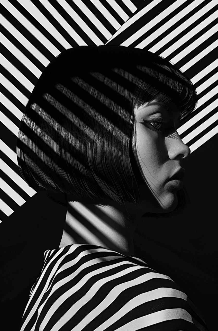 Portrait with diagonal stripe shadows across face and hair
