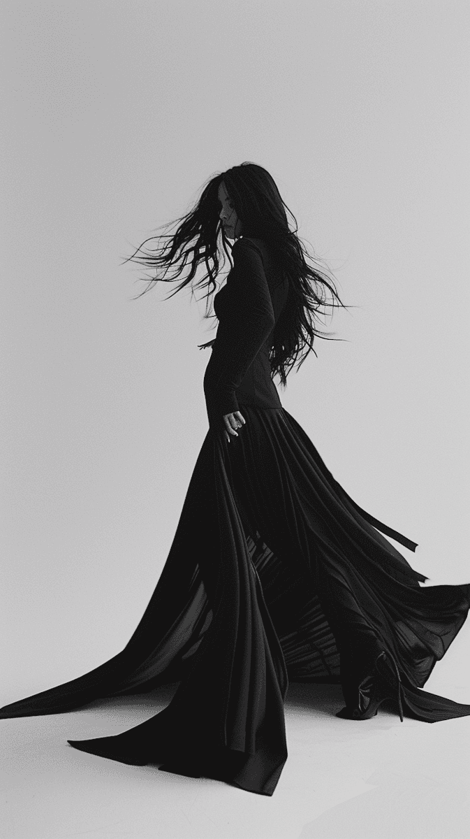 Black and white full-length portrait of a woman in a flowing dark dress with wind-blown hair