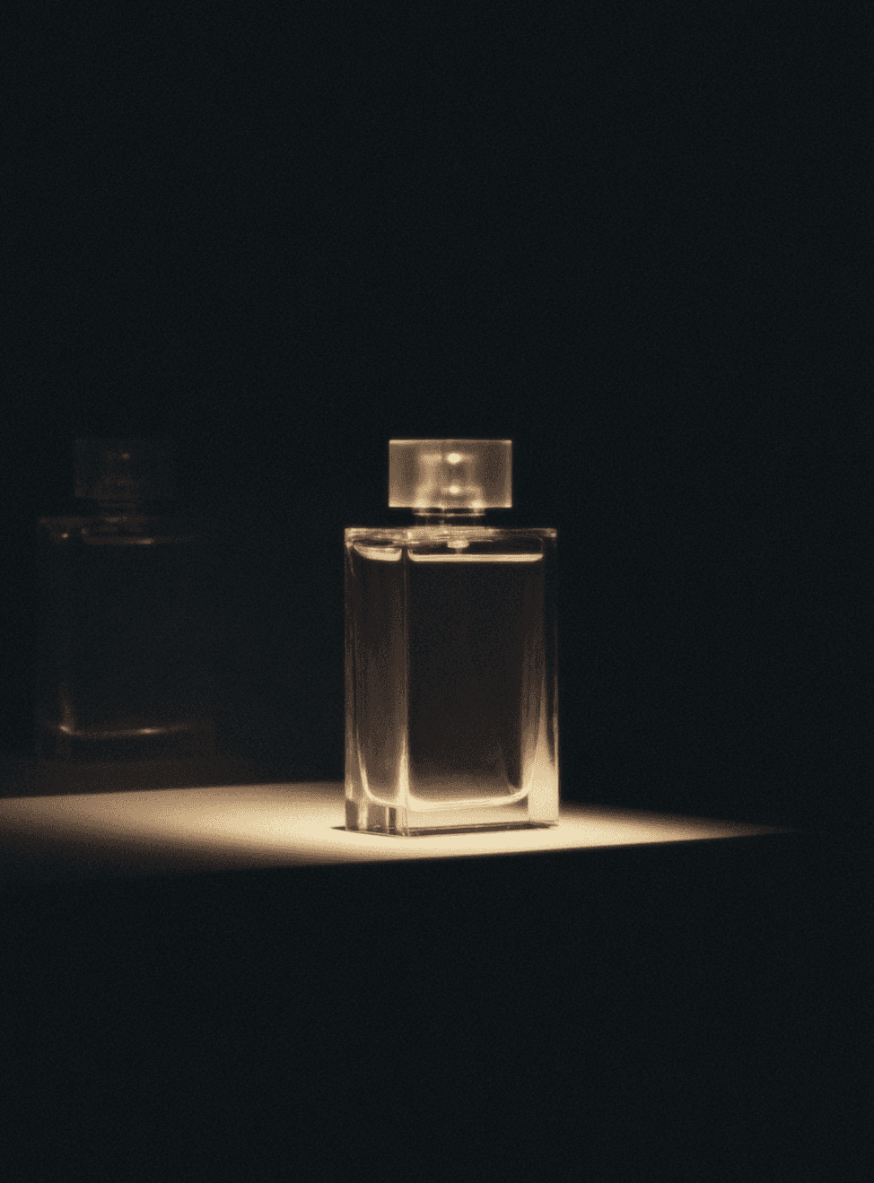 Rectangular glass fragrance bottle illuminated by a single spotlight