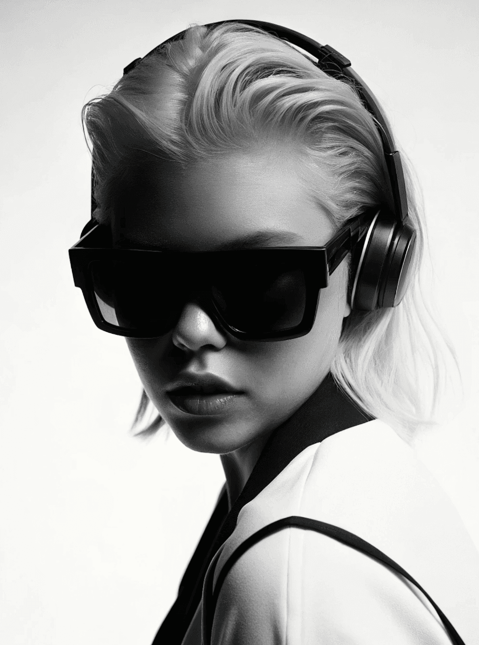 Portrait of a woman in large dark sunglasses with headphones