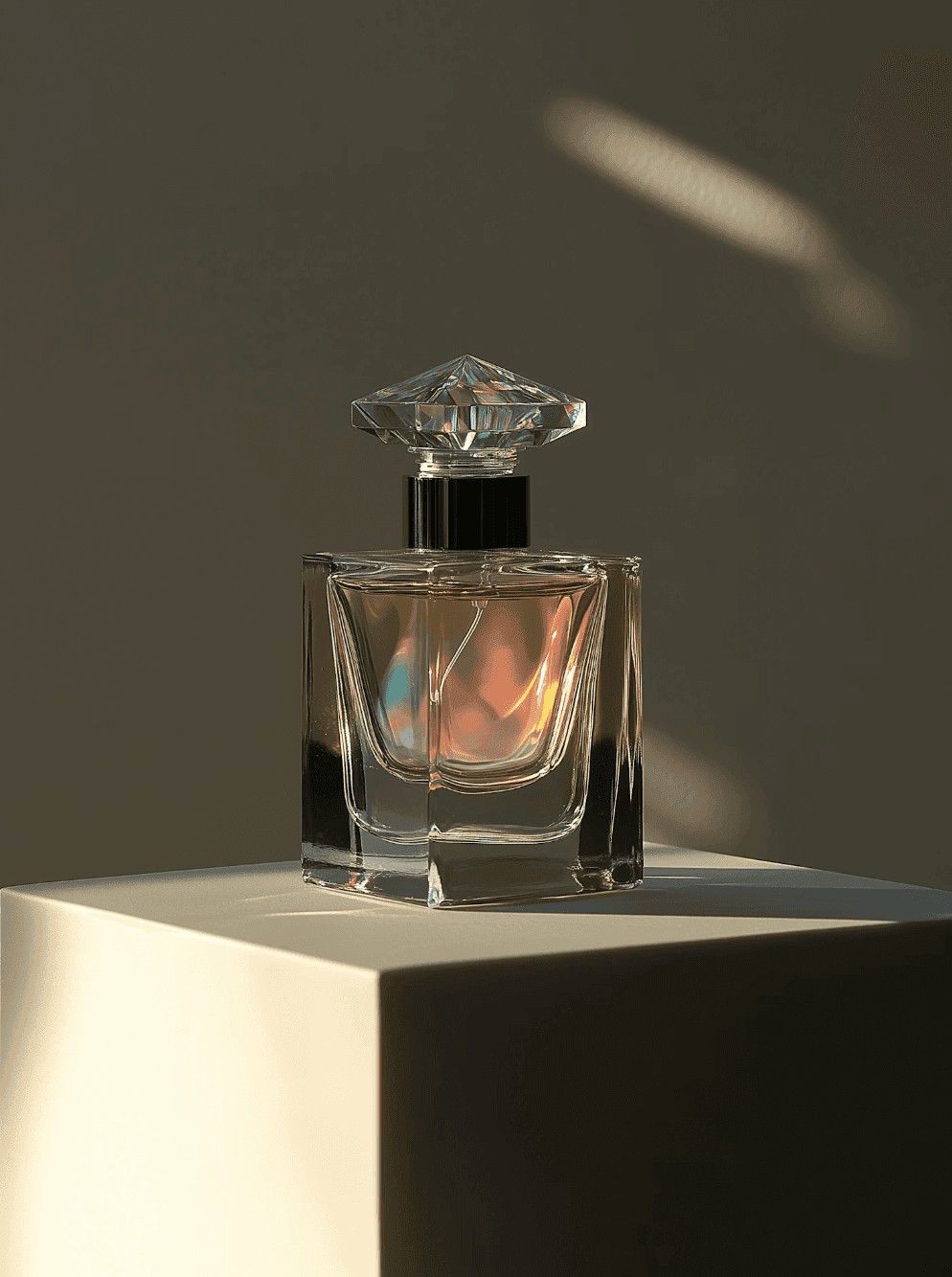 Glass fragrance bottle with crystal stopper in warm natural light