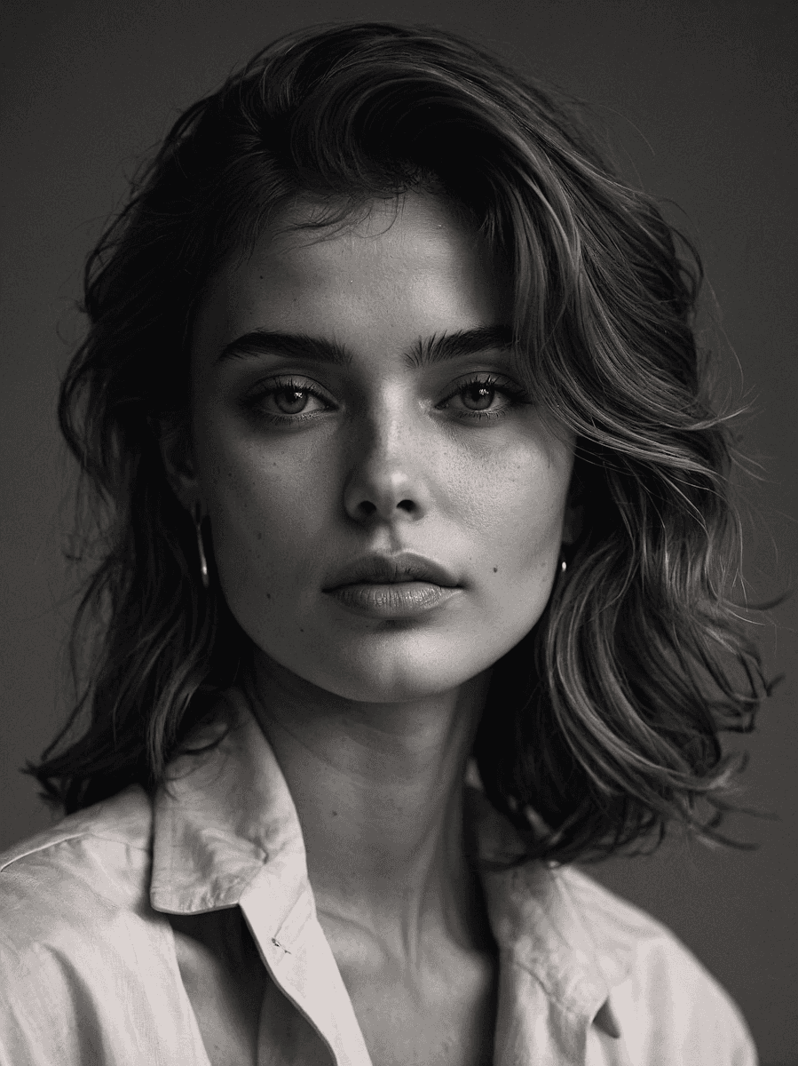 Black and white close-up portrait of a woman with wavy hair and an open shirt