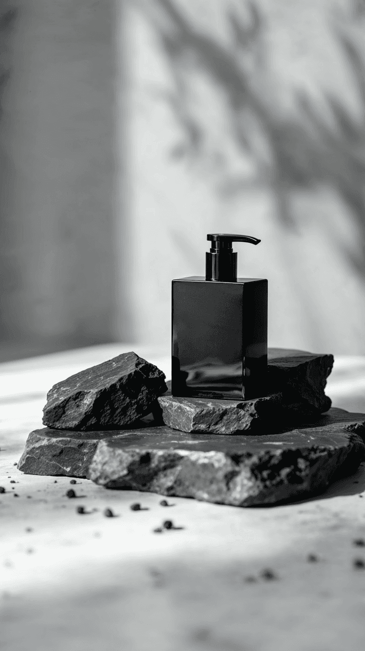 Dark glass bottle with minimalist label, product shot
