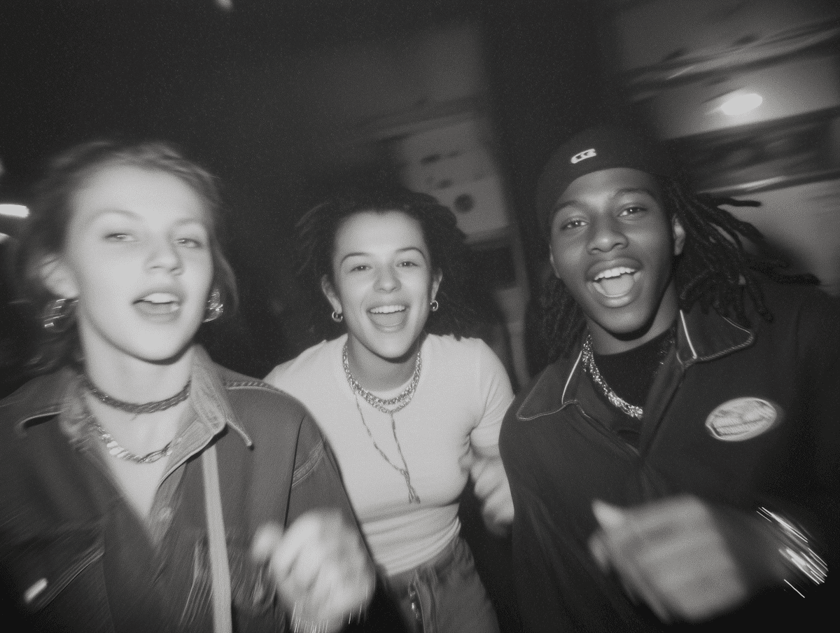 Black and white candid photo of two young people laughing