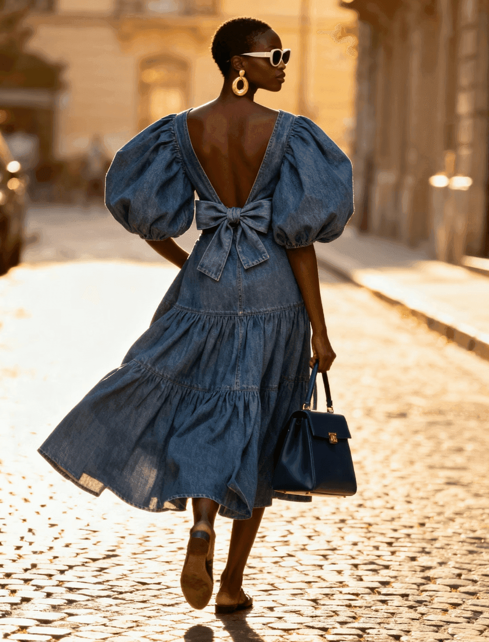 Woman in a flowing blue midi dress with a bag, outdoor setting